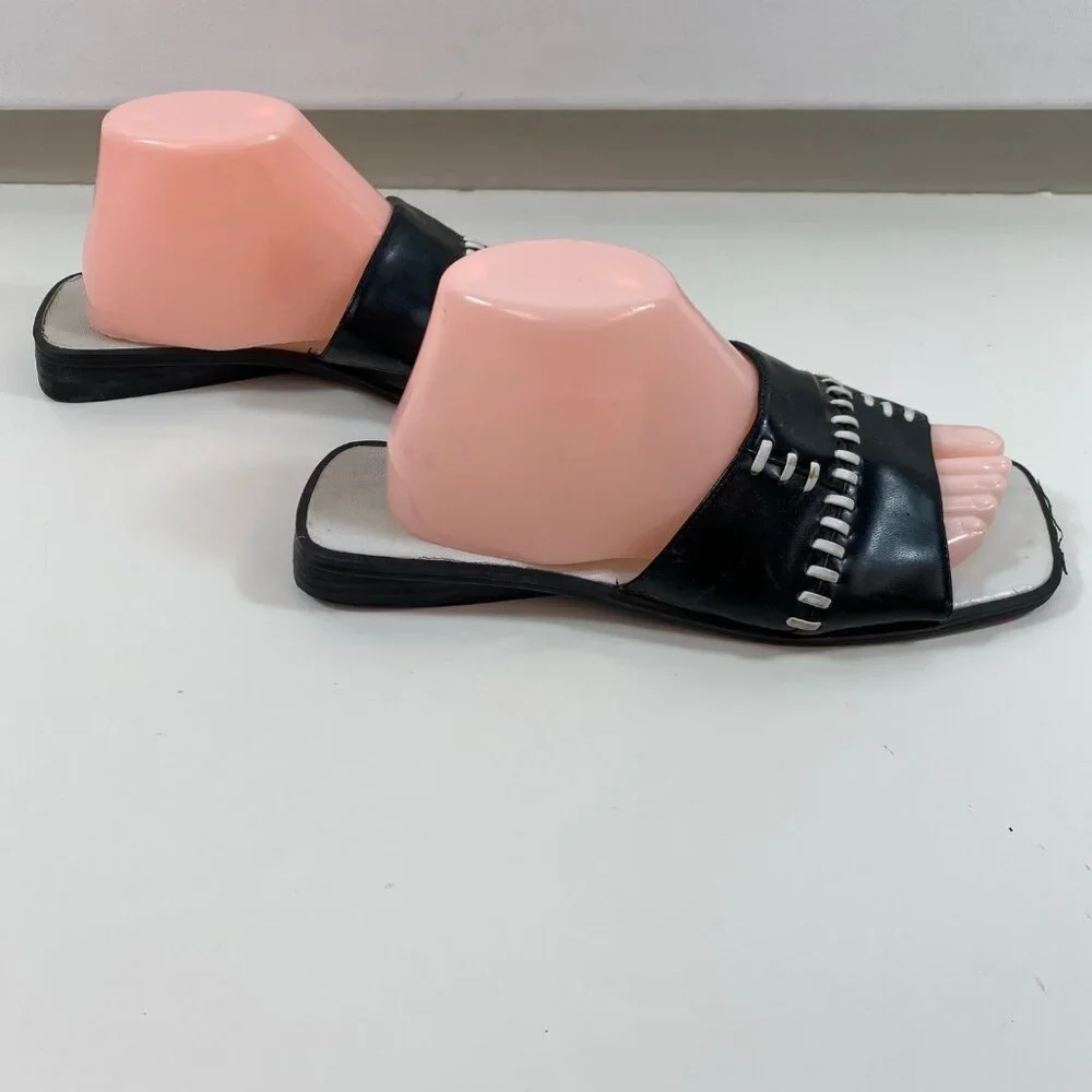 Vintage Jubilee Womens Leather Slides Black White Stitching Accents Size 10